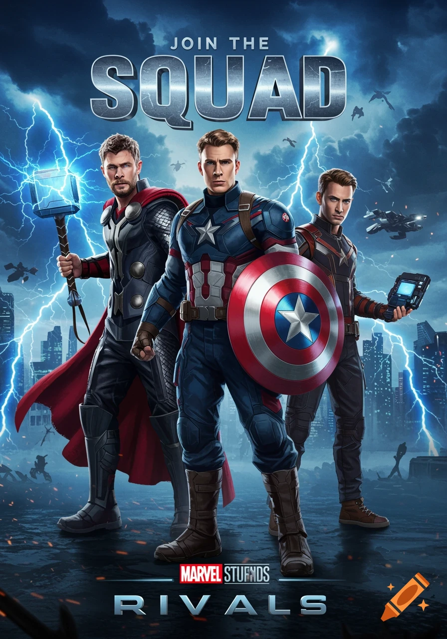 Movie poster with Thor, Captain America, and Bucky Barnes (Winter Soldier) in superhero suits against a stormy cityscape with lightning. Text says "JOIN THE SQUAD" and "MARVEL STUFNDS RIVALS."