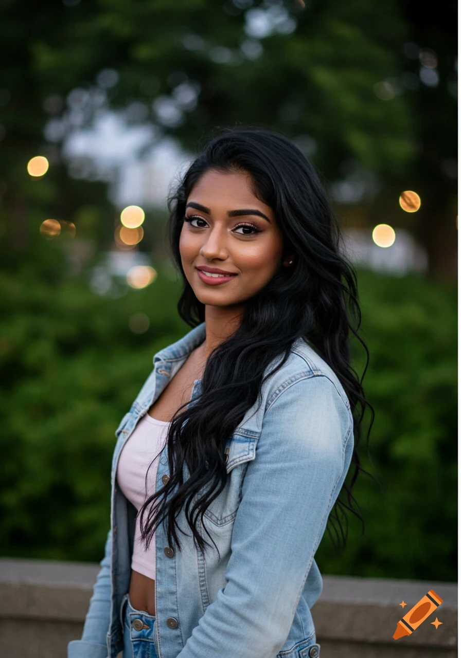 A young South Asian woman with long black hair, wearing a denim jacket and crop top, smiling at the camera outdoors.