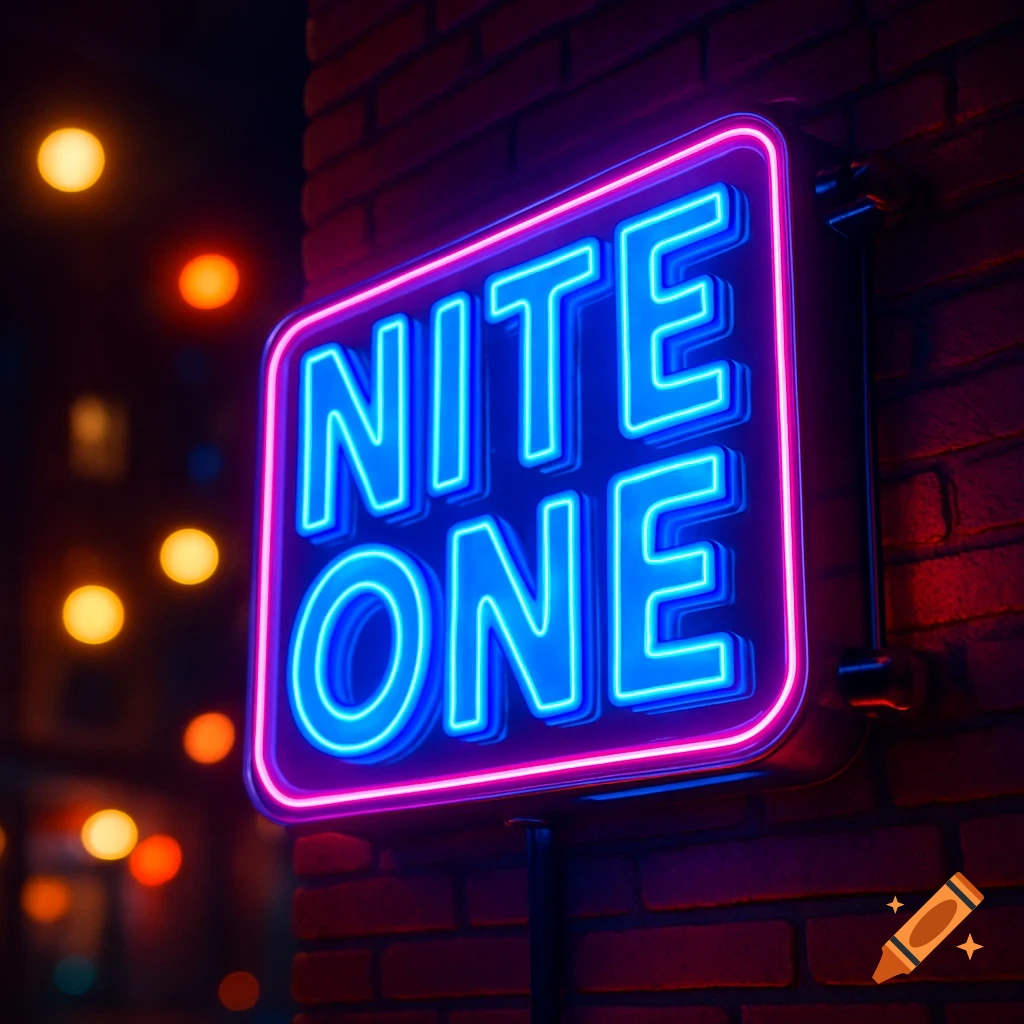 A retro-style neon sign with the words 'NITE ONE' in bright blue and pink neon, mounted on a brick wall at night.