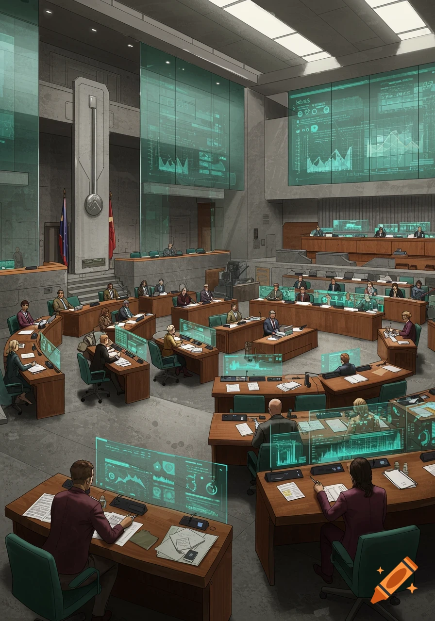 An illustration of a futuristic government assembly hall with people at desks, working on holographic screens displaying data and graphs.