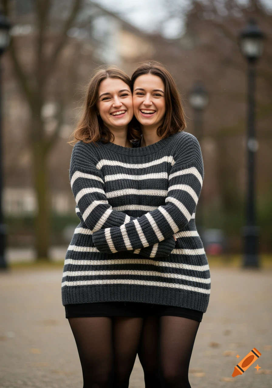 Two smiling women in a striped sweater hug to create a two-headed illusion in an outdoor park setting, photorealistic.