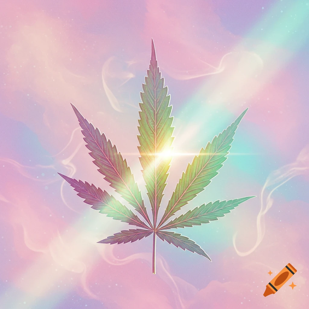 A cannabis leaf in rainbow colors with a bright glow at its center, set against a soft, colorful, dreamy background.