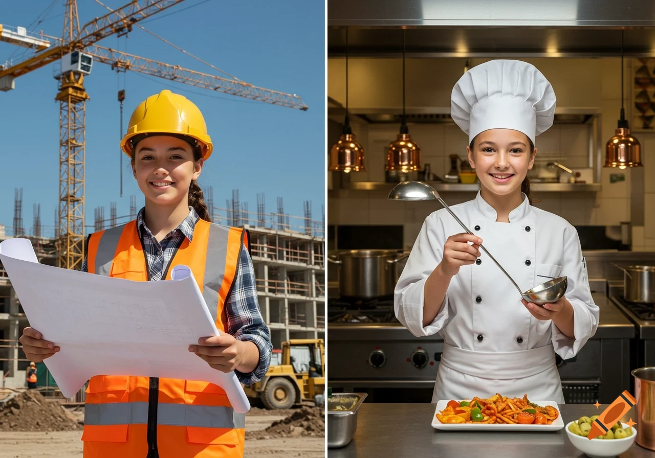 A split image: on the left, a girl as a construction engineer with blueprints at a site; on the right, as a chef in a kitchen.