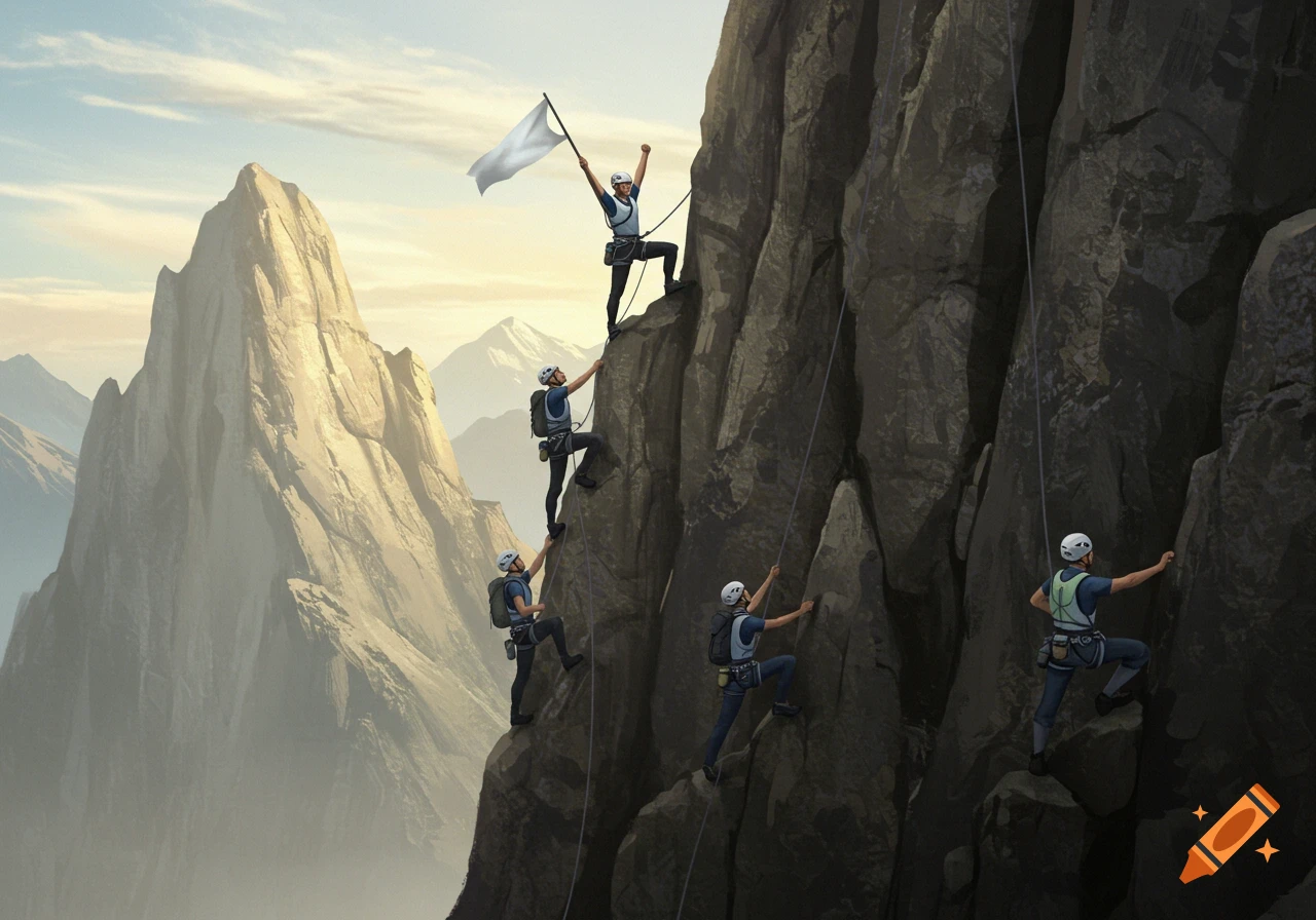 A team of five climbers ascends a steep, rocky mountain face, with one climber at the peak raising a white flag under a cloudy sky.
