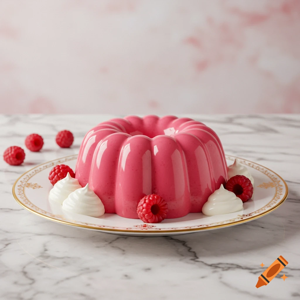 A vibrant pink fluted pudding, garnished with fresh raspberries and white cream, sits on a gold-rimmed plate on a white marble surface.