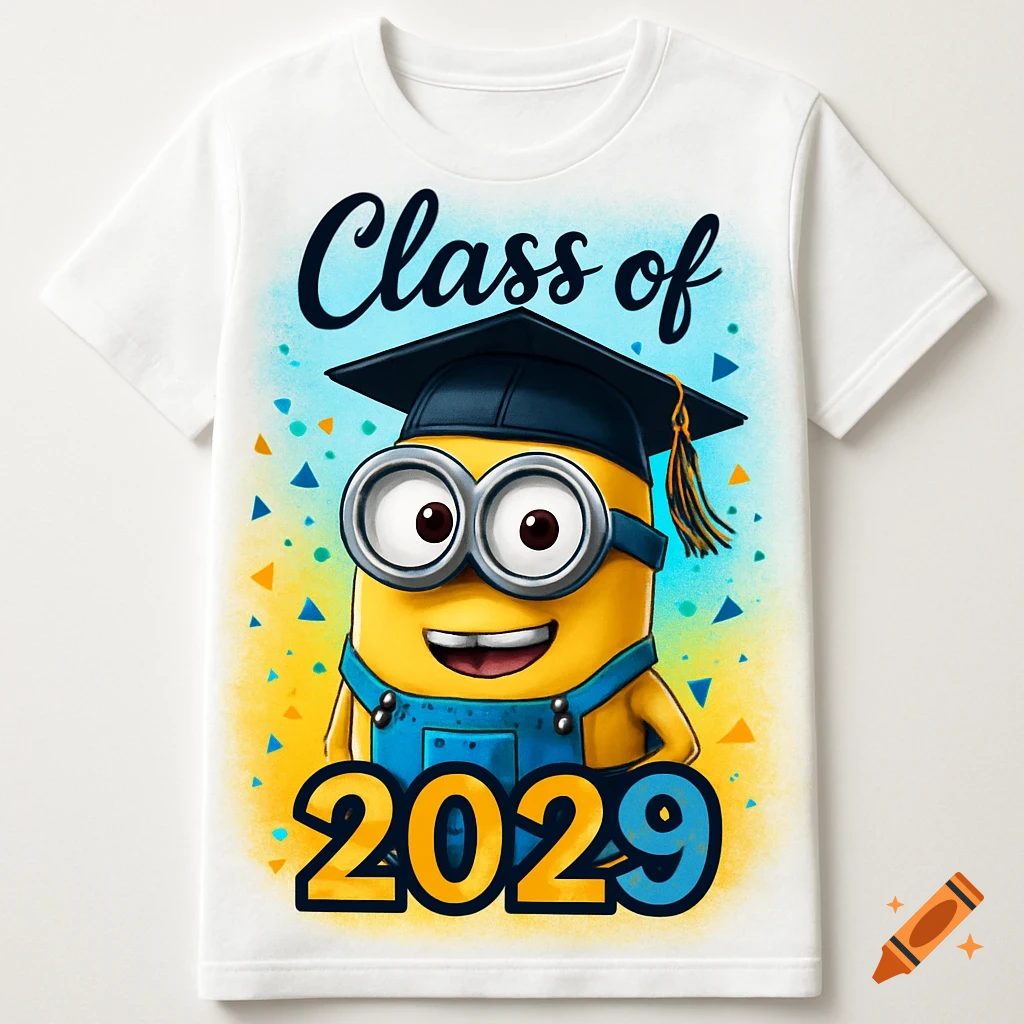 A white t-shirt features a smiling Minion wearing a graduation cap, with 'Class of 2029' in colorful text.