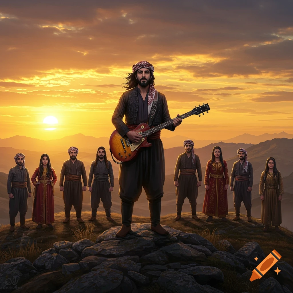 A group of people, with a man holding an electric guitar in the foreground, standing on a mountain at sunset.