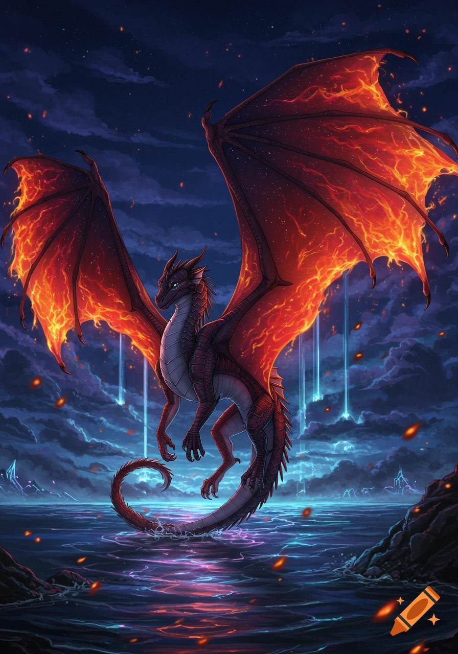 A dark dragon with fiery red wings hovers over glowing water under a cloudy night sky with falling blue light.