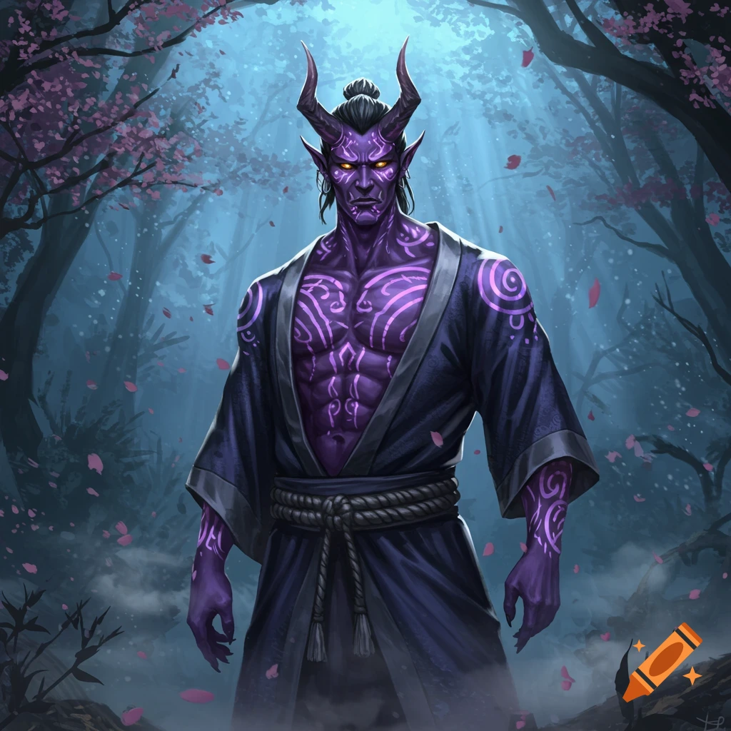 A purple-skinned oni man with horns and glowing yellow eyes, wearing a dark kimono, stands in a moonlit forest with falling cherry blossoms.