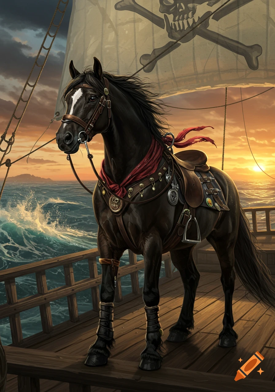 A black horse in pirate attire on a wooden ship deck, with a skull and crossbones sail and a sunset over the ocean.