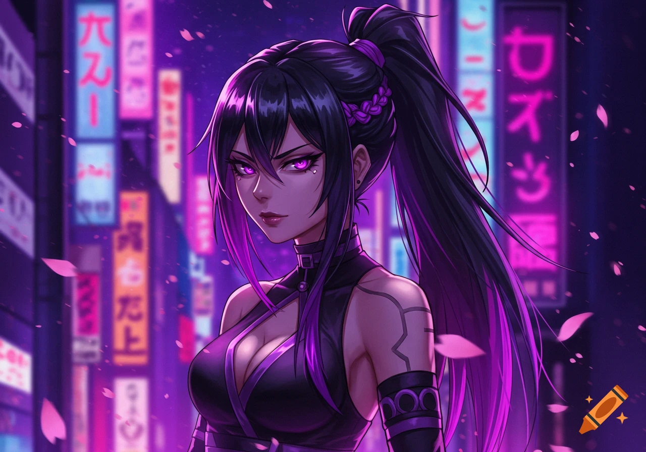 An anime woman with black hair and purple highlights, glowing purple eyes, and a black outfit, stands in a city at night with neon signs and falling petals.