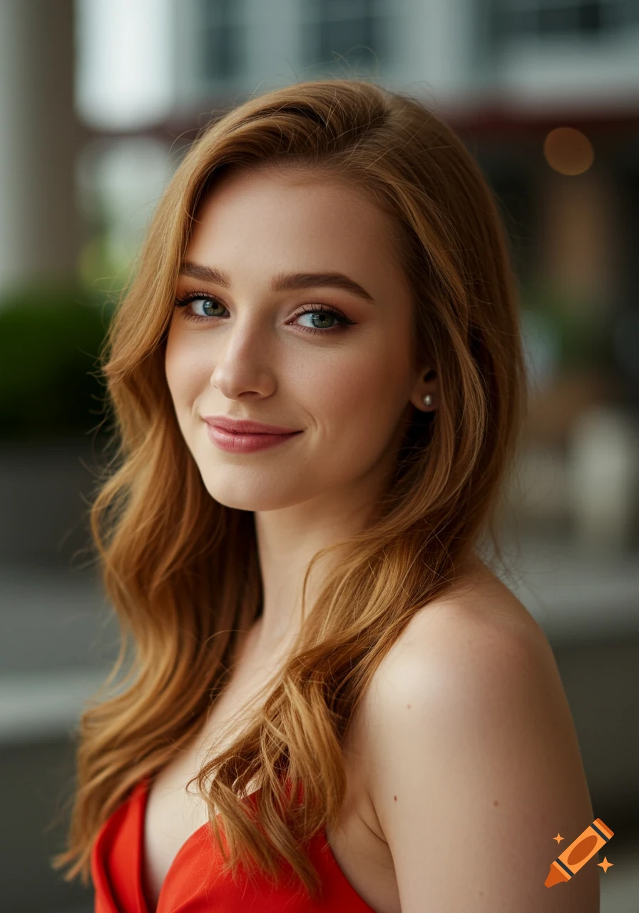 A photorealistic portrait of a young woman with strawberry blonde hair, green eyes, and a red dress, smiling coyly at the camera.