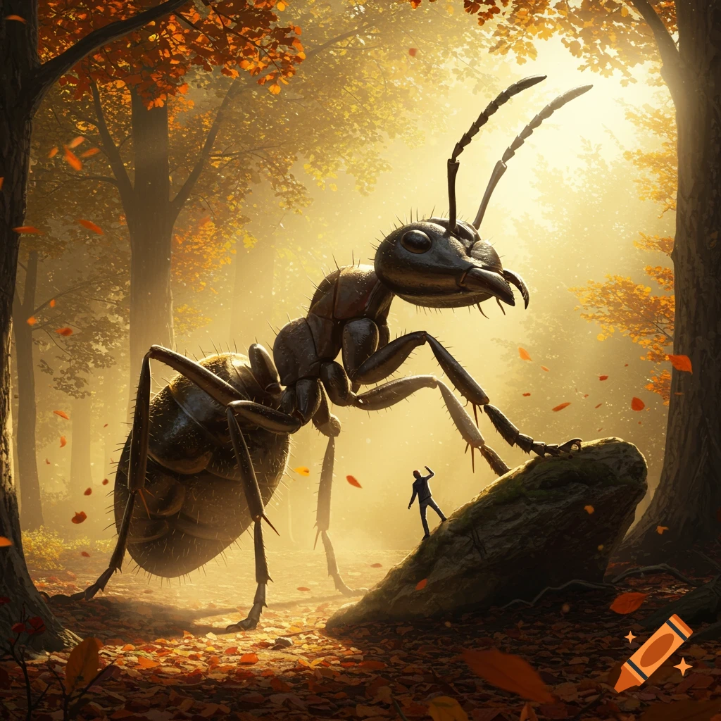 A giant photorealistic ant stands over a tiny human in a sunlit autumn forest, with fallen leaves on the ground.