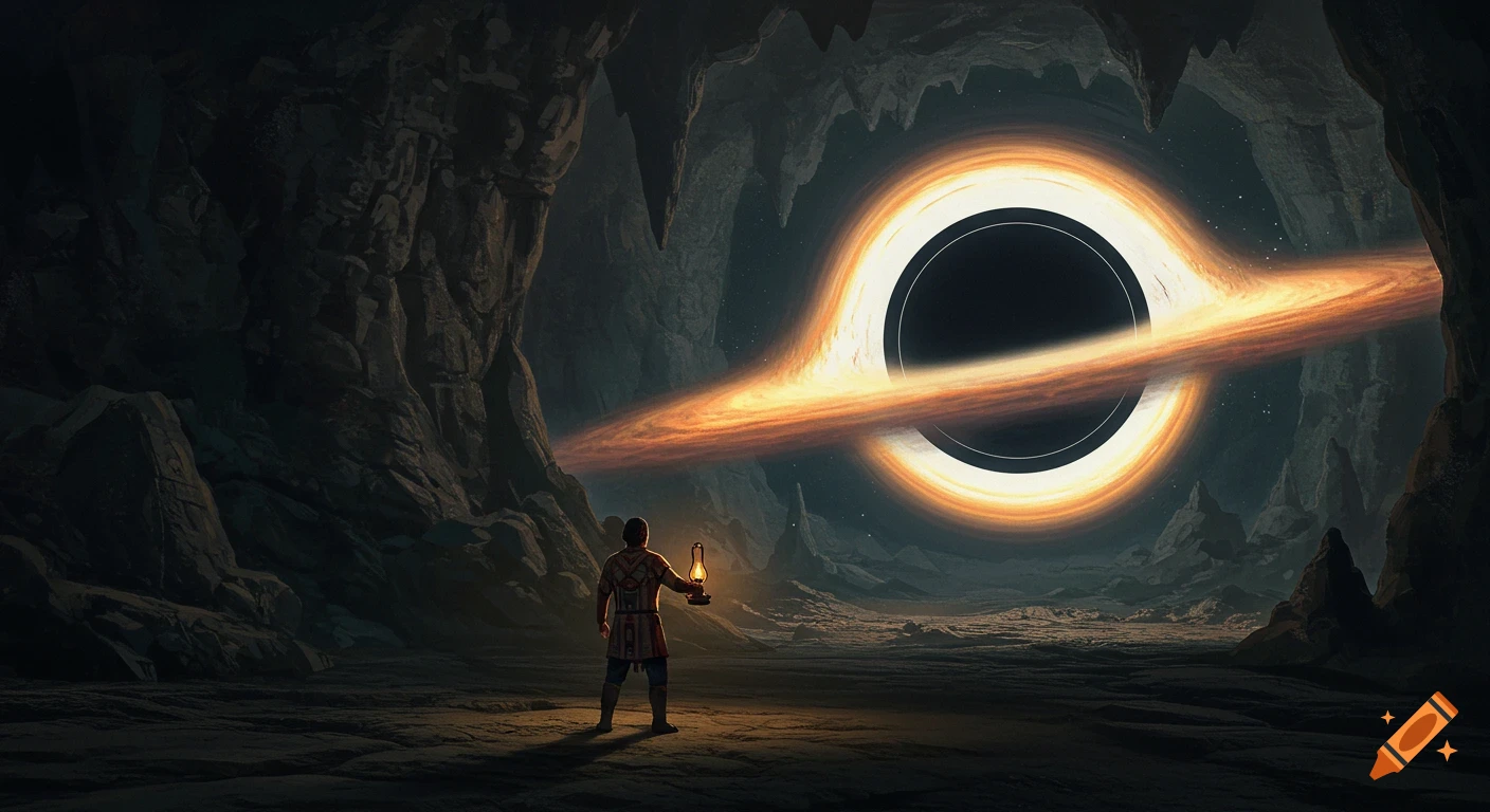 A lone man holds a lamp, gazing at a massive, glowing black hole inside a vast, dark cave, in a hyper-realistic oil painting.