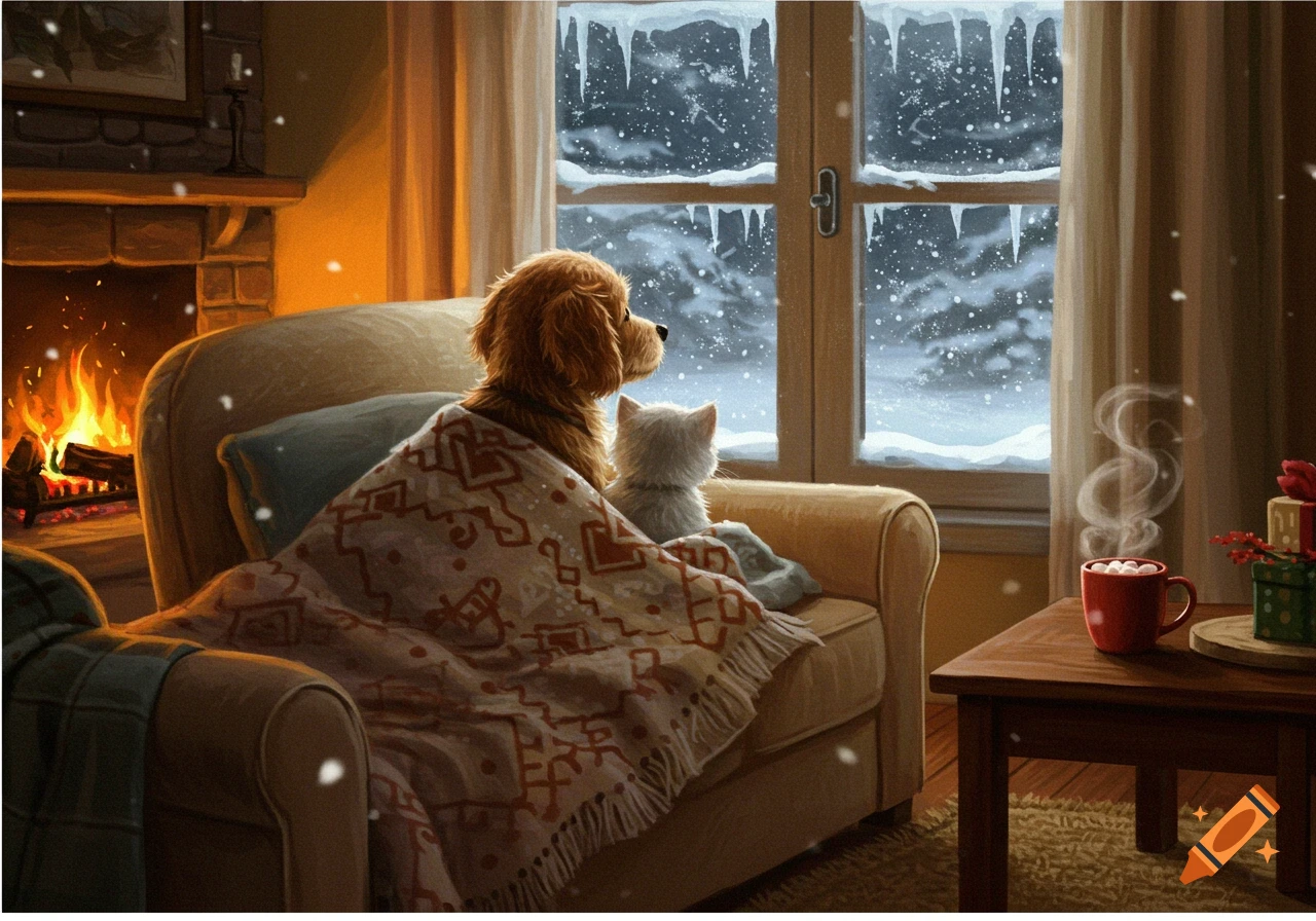 A cozy illustration of a puppy and a kitten wrapped in a blanket on an armchair, looking out a snowy window next to a fireplace.