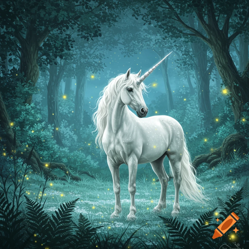 A majestic white unicorn with a long, flowing mane stands in an enchanted, glowing forest at twilight.