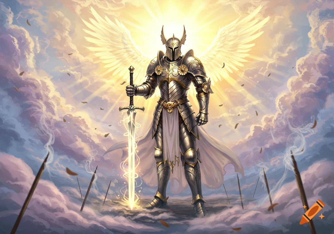 A majestic angelic knight in shining silver and gold armor stands in the clouds, holding a glowing, radiant sword, bathed in brilliant light.