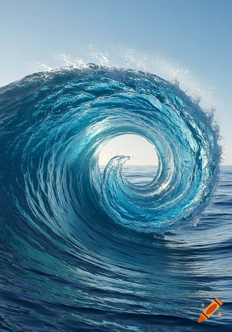 A large, powerful blue ocean wave curls and breaks with a splashing crest under a clear sky.