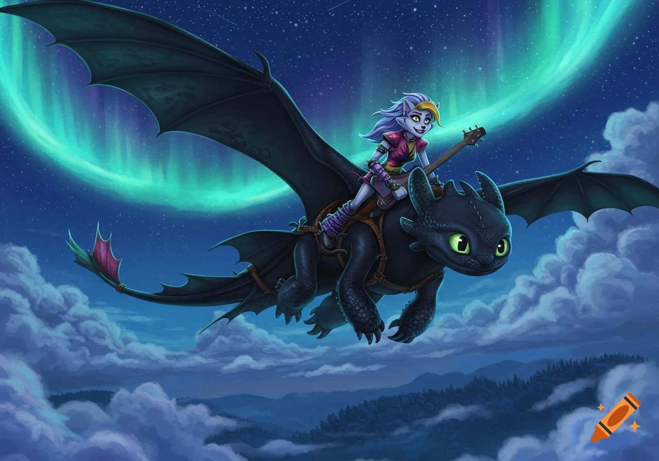 A cartoon wolf-like character rides Toothless the Night Fury through a starry night sky with a green aurora borealis.