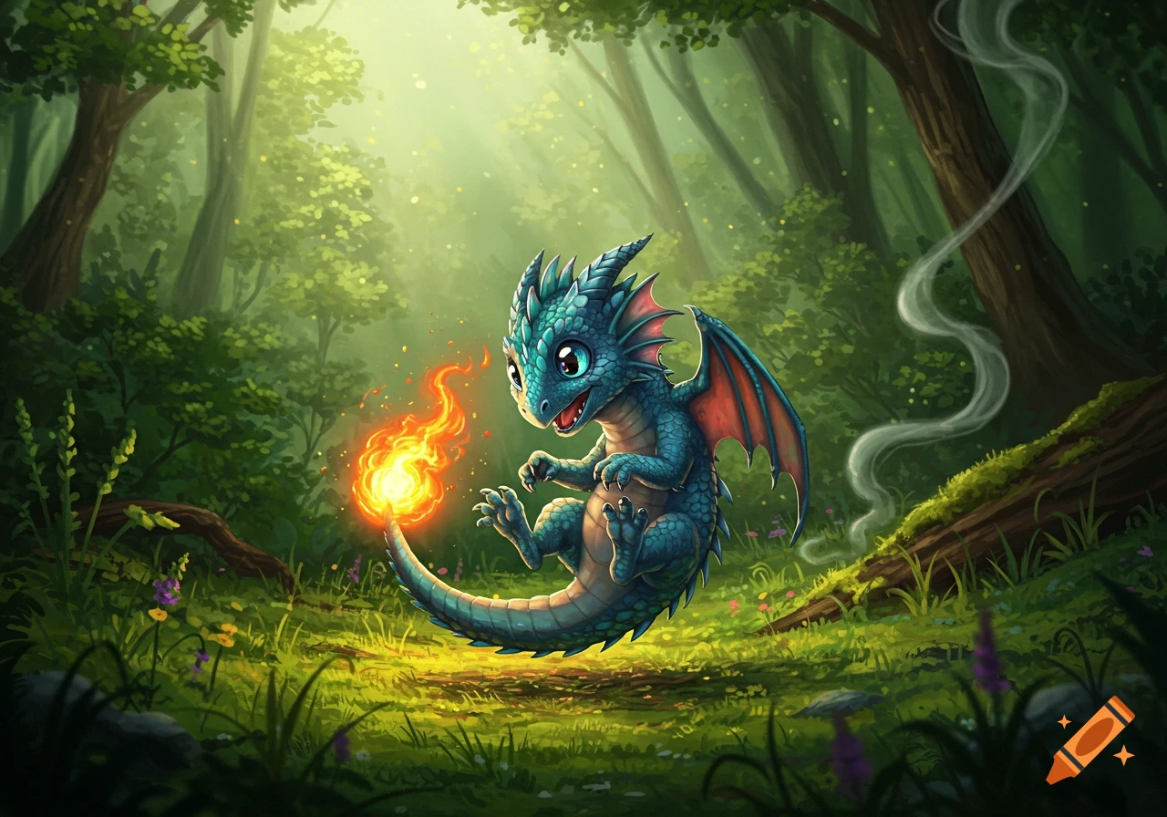 A cute blue baby dragon with red wings, chasing its fiery tail in a sunlit green forest, illustration.
