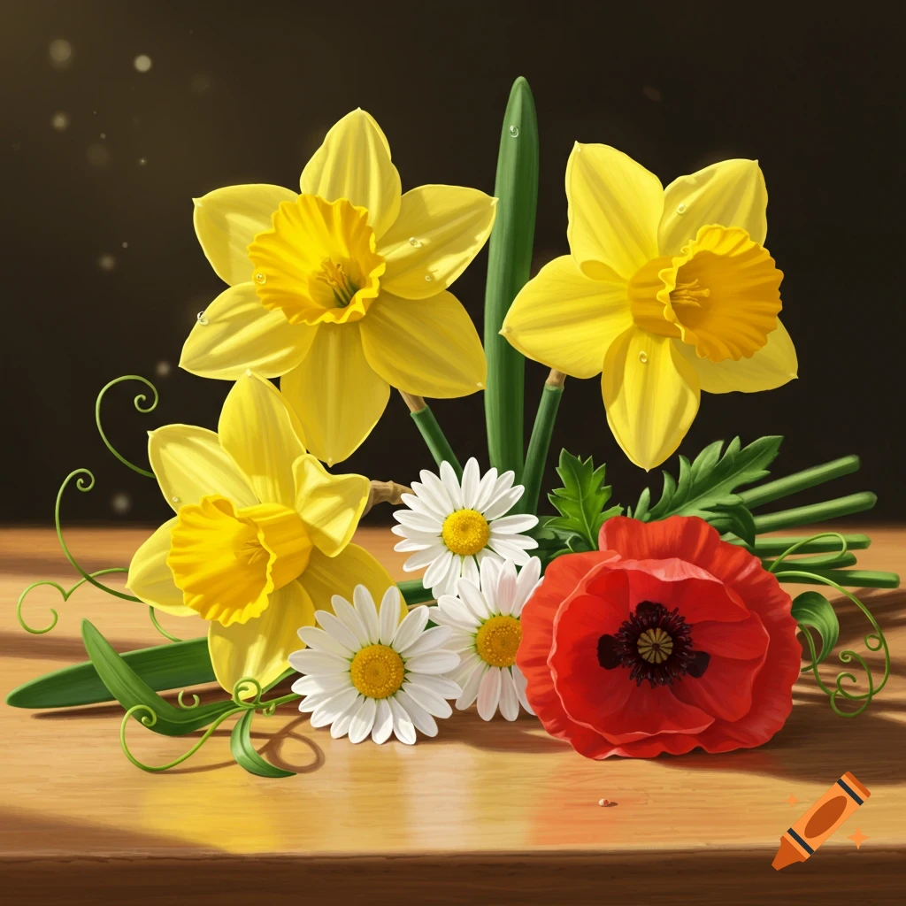 A colorful bouquet of yellow daffodils, white daisies, and a red poppy on a wooden surface.