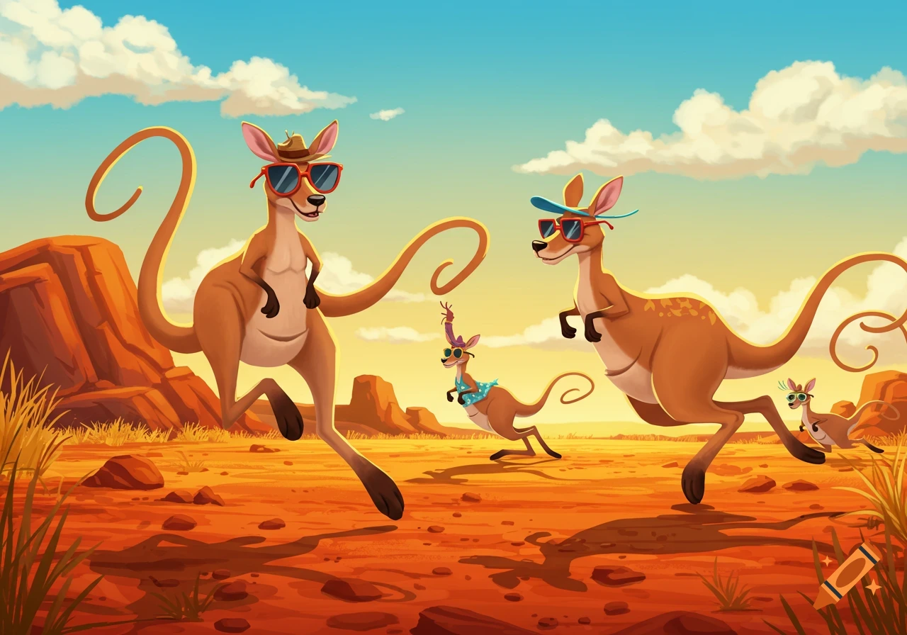 A group of cartoon kangaroos wearing sunglasses and hats hop through a sunny red desert landscape.