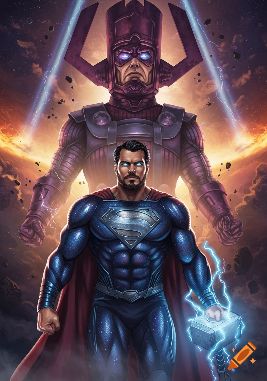 Bearded Superman in blue suit with S-shield holds Mjolnir, facing Galactus in cosmic battle art.