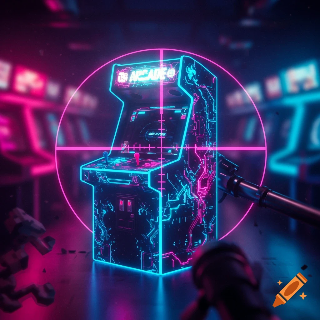 A glowing neon arcade cabinet in an arcade setting, viewed through a sniper scope with a bright pink crosshair.