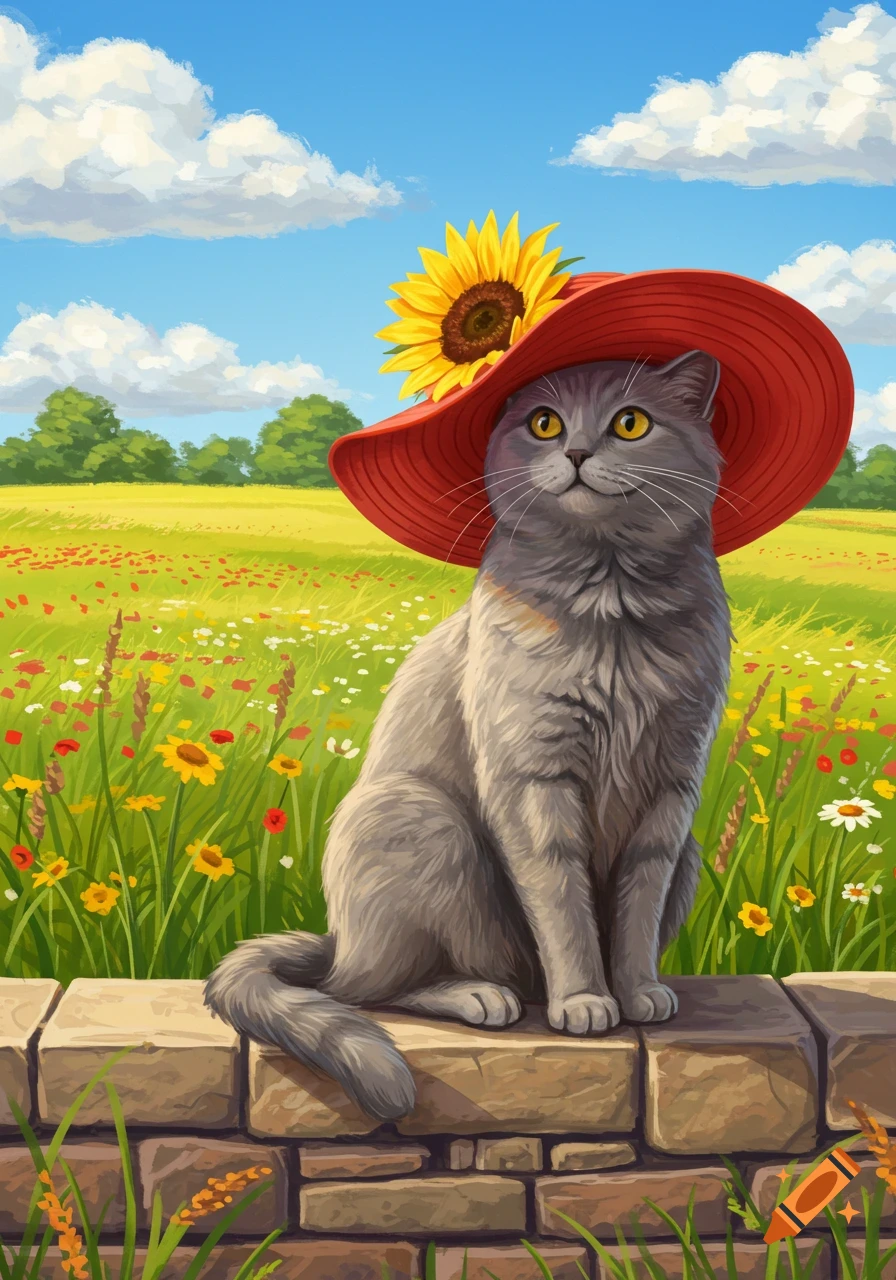A gray cat wearing a red hat with a sunflower sits on a stone wall in a sunny field with wildflowers.