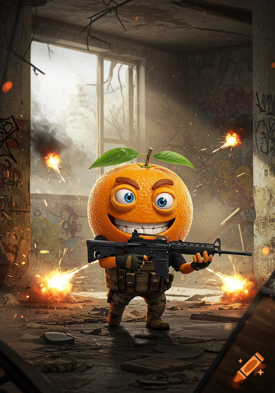 Cartoon orange character with big eyes and a wide smile, wearing military gear and holding a rifle in a destroyed building with sparks flying.