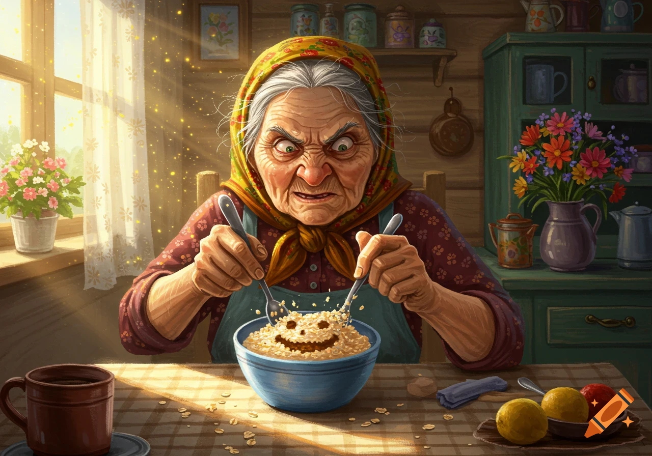 An angry elderly woman in a headscarf glares intently at a bowl of oatmeal with a smiling face drawn in it, in a sunlit kitchen.