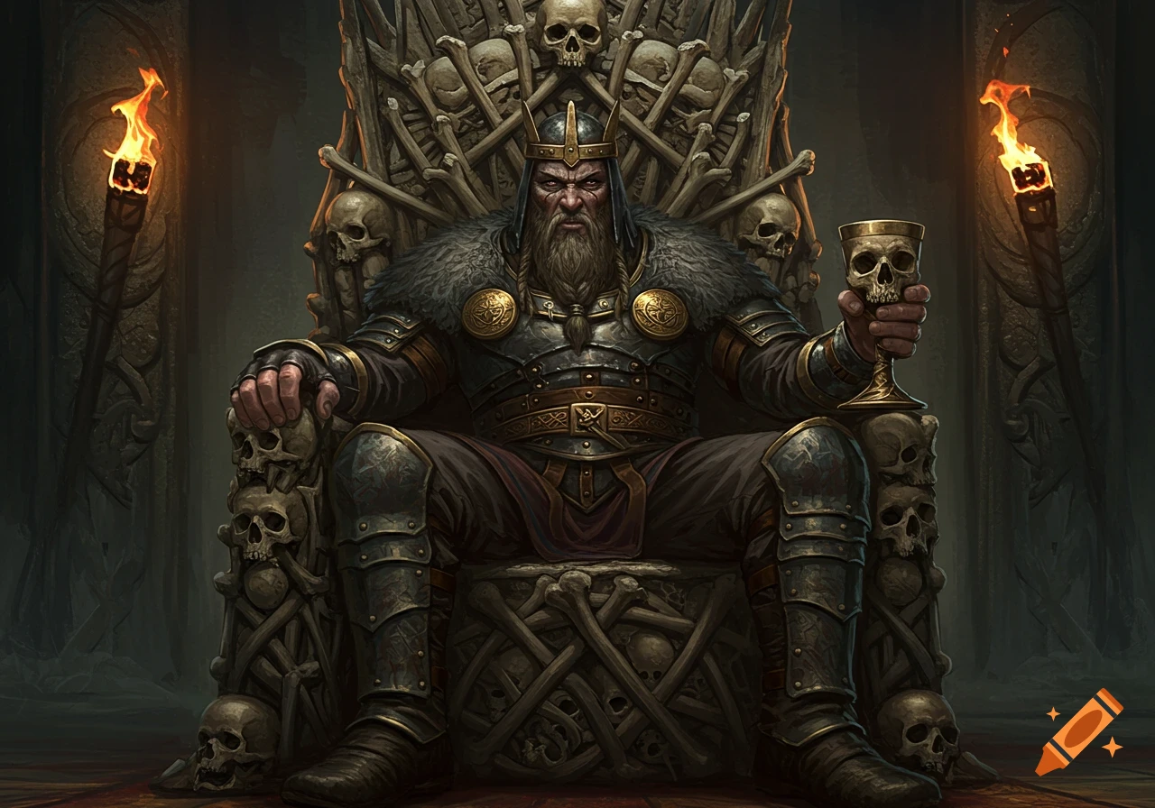 A stern, bearded viking king in armor sits on a throne made of skulls and bones, holding a skull chalice, in a torchlit hall.