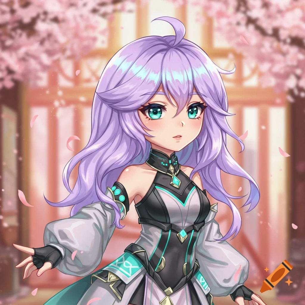 An anime-style girl with long purple hair and teal eyes wears a black and white futuristic outfit with teal accents, standing among pink cherry blossoms.