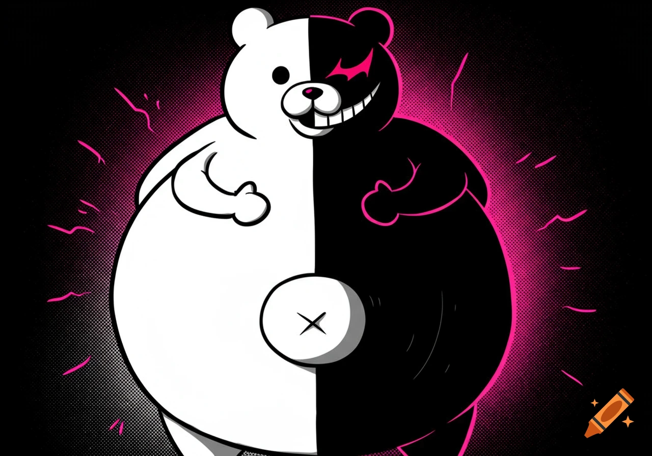 A cartoon bear, half black and half white, with a wide smile and a pink eye, against a black background with pink sparks.