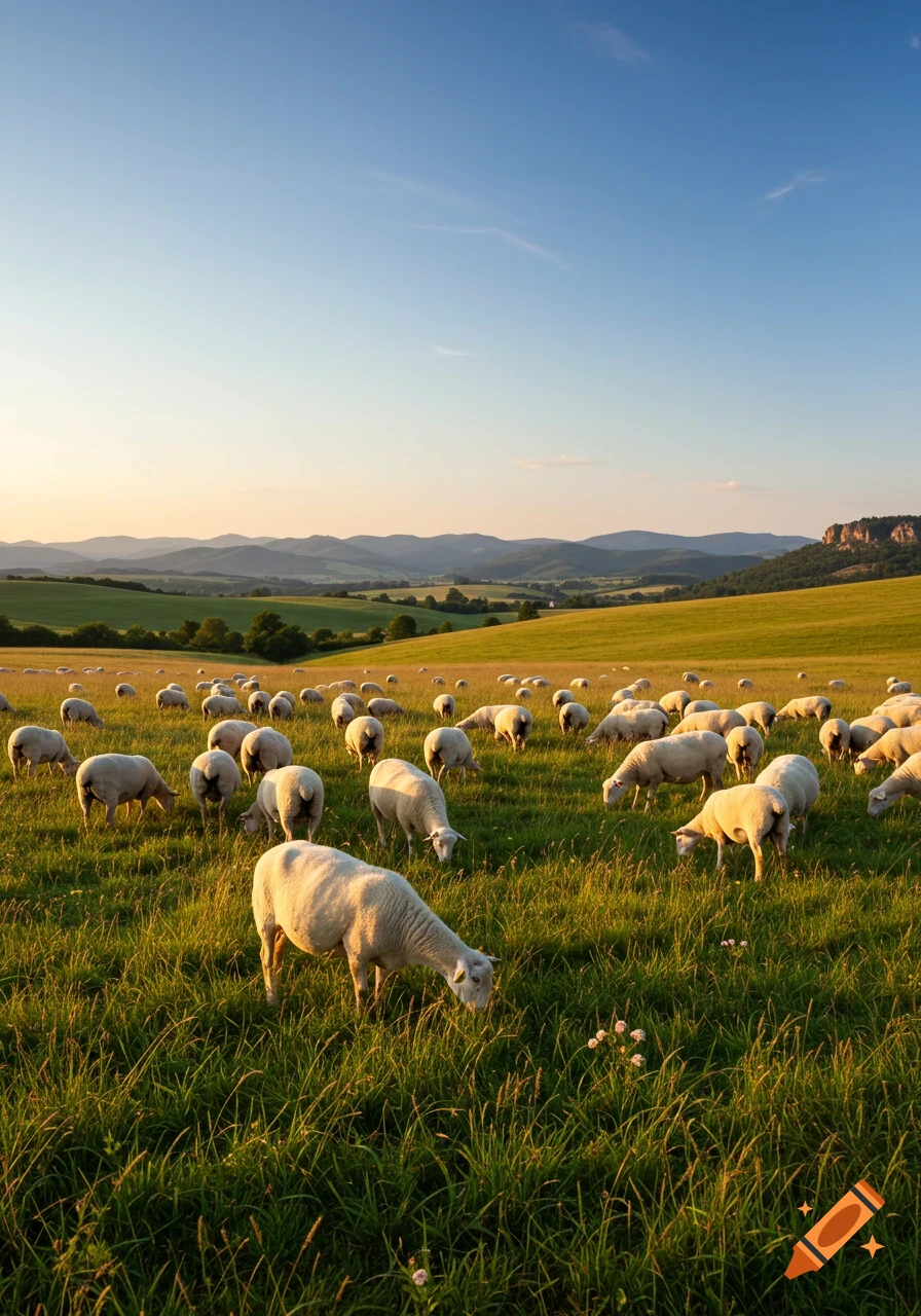 White sheep graze in a lush green field under a warm sunset sky, with rolling hills and mountains in the distance. Photorealistic.