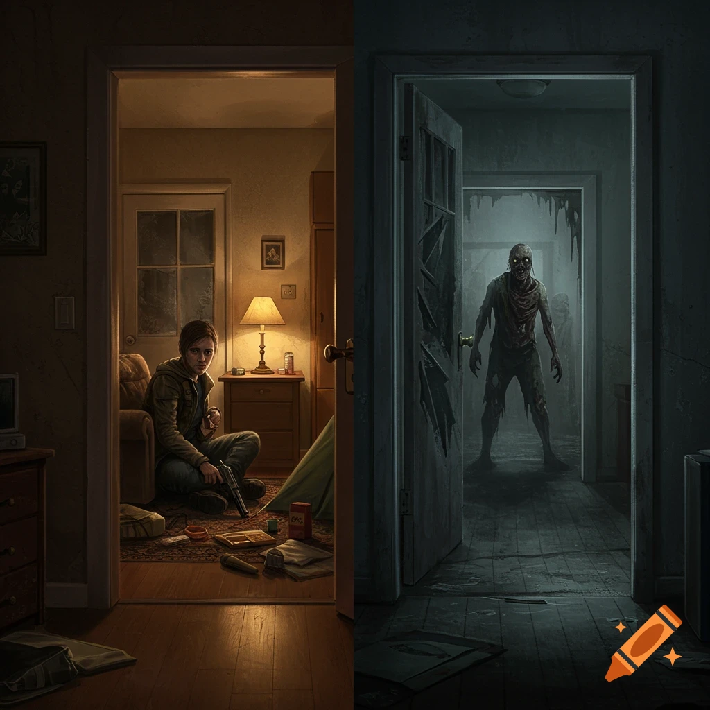 A split image showing a survivor with a gun in a lit room and a zombie in a dark hallway, viewed through a doorway.
