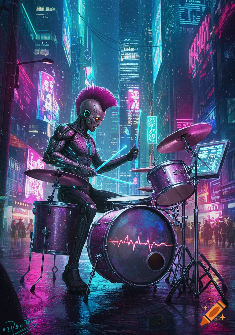 A futuristic cyborg with a pink mohawk plays drums in a neon-lit cyberpunk city with glowing pink and blue reflections.
