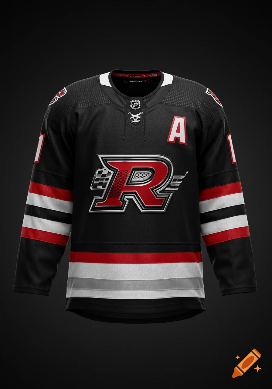 Photorealistic black hockey jersey with red, white, and chrome accents, featuring a stylized 'R' logo on the chest.