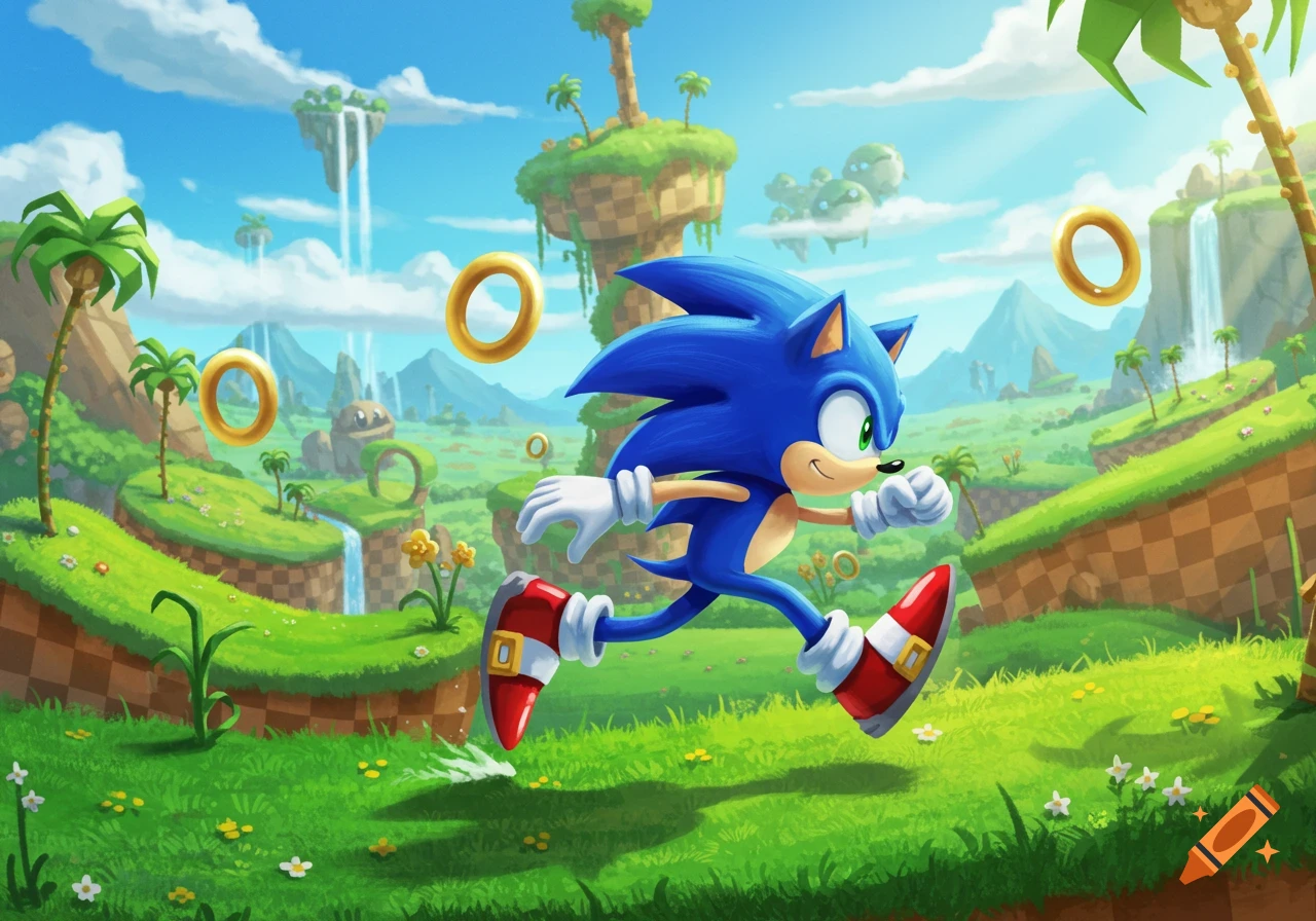 Sonic the Hedgehog runs through a vibrant, sunny Green Hill Zone with floating islands and golden rings.