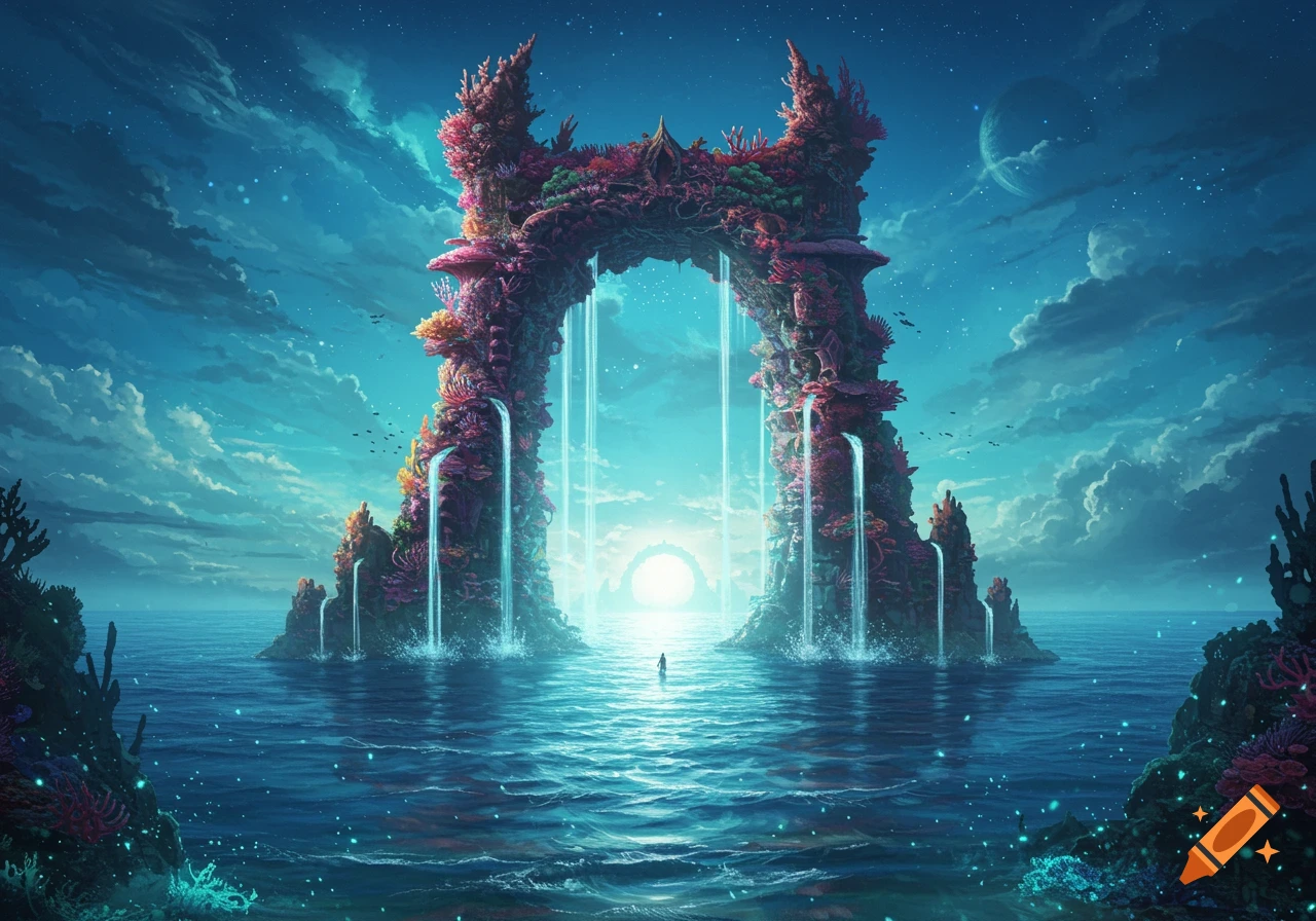Vibrant fantasy landscape with a massive coral archway featuring glowing waterfalls into an ocean under a cloudy, starlit sky.