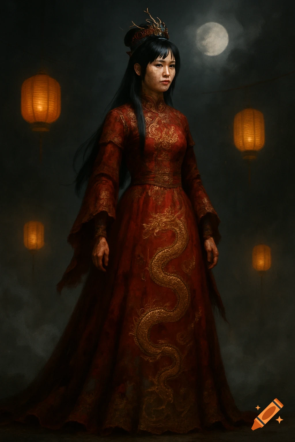 Woman in a red and gold Chinese gown with dragon motif, hands and dress stained, against a dark background with lanterns and a full moon.