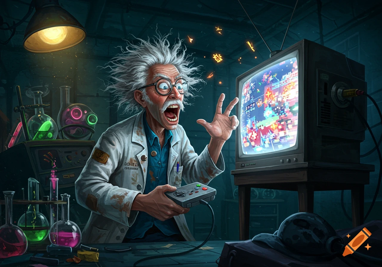A cartoonish mad scientist with wild hair and glasses yells excitedly at an old CRT television while playing a video game in his lab.