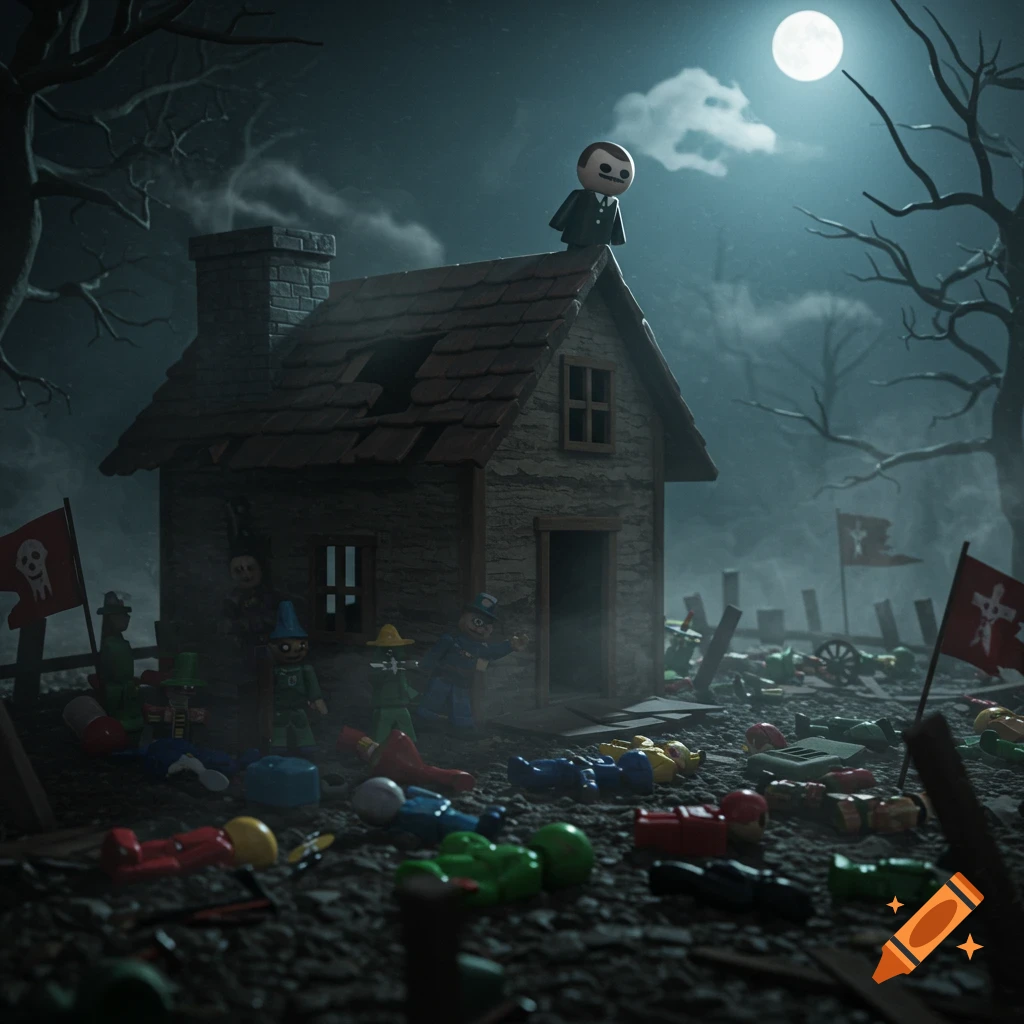A spooky full moonlit night over a broken toy house. A toy leader on the roof overlooks a battlefield of scattered toy figures.
