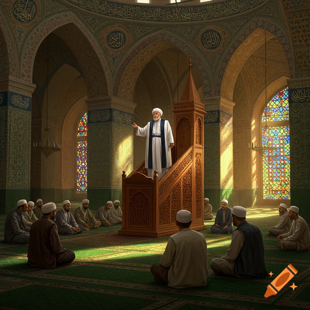A Muslim scholar delivers a sermon from a wooden pulpit in a grand mosque, illuminated by light through stained glass windows, as men sit listening.