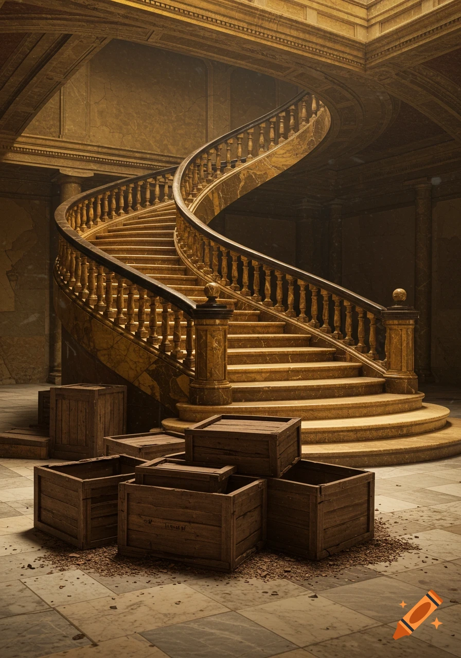 A grand spiral golden marble staircase with a dark railing curves upward in an ornate hall, with wooden crates scattered at its base.