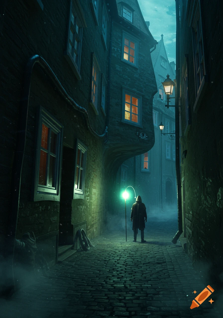 A hooded figure stands in a dark, foggy medieval alleyway, holding a glowing green staff. Tall, winding buildings rise on either side.