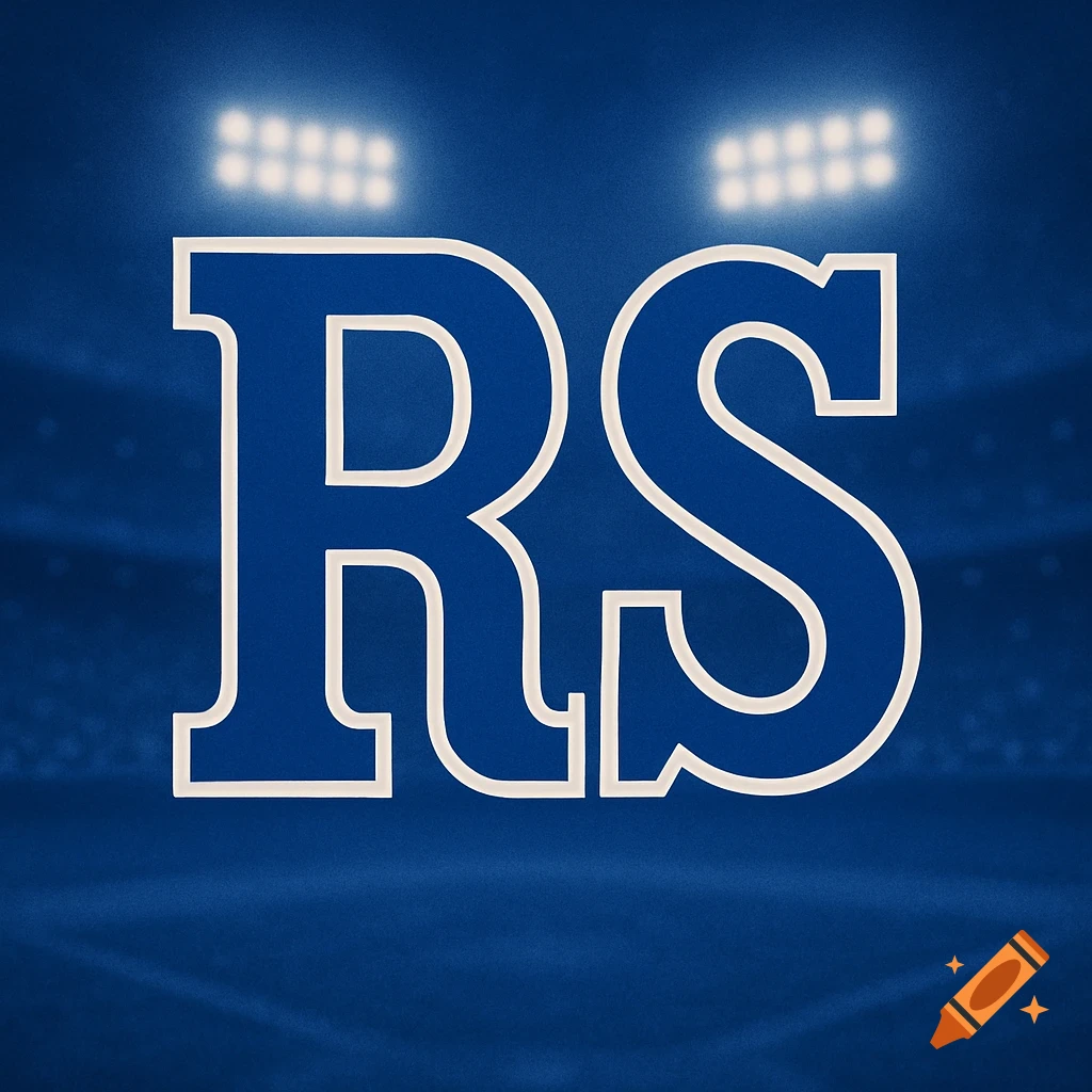 A dark blue background with two capital letters, R and S, in the center, outlined in white. Stadium lights illuminate the top.
