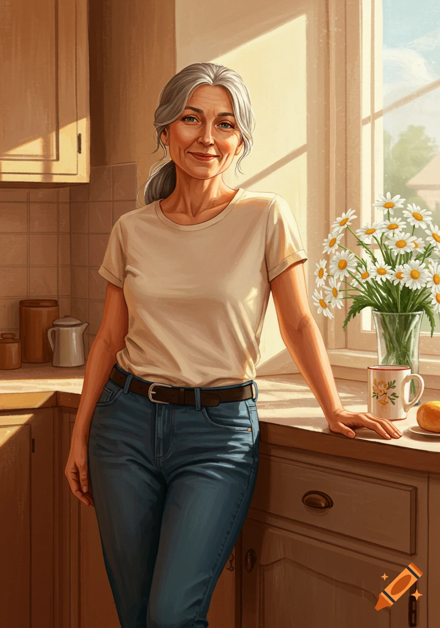 A mature woman with gray hair smiles in a sunlit kitchen, leaning against a counter with a vase of daisies, illustration style.