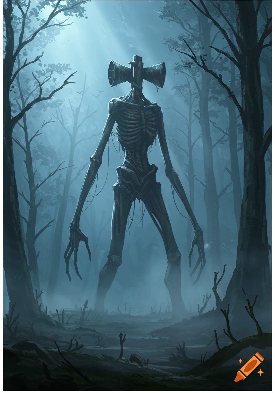 A tall, skeletal Siren Head creature with loudspeakers for a head stands in a dark, misty forest, illuminated by eerie light.