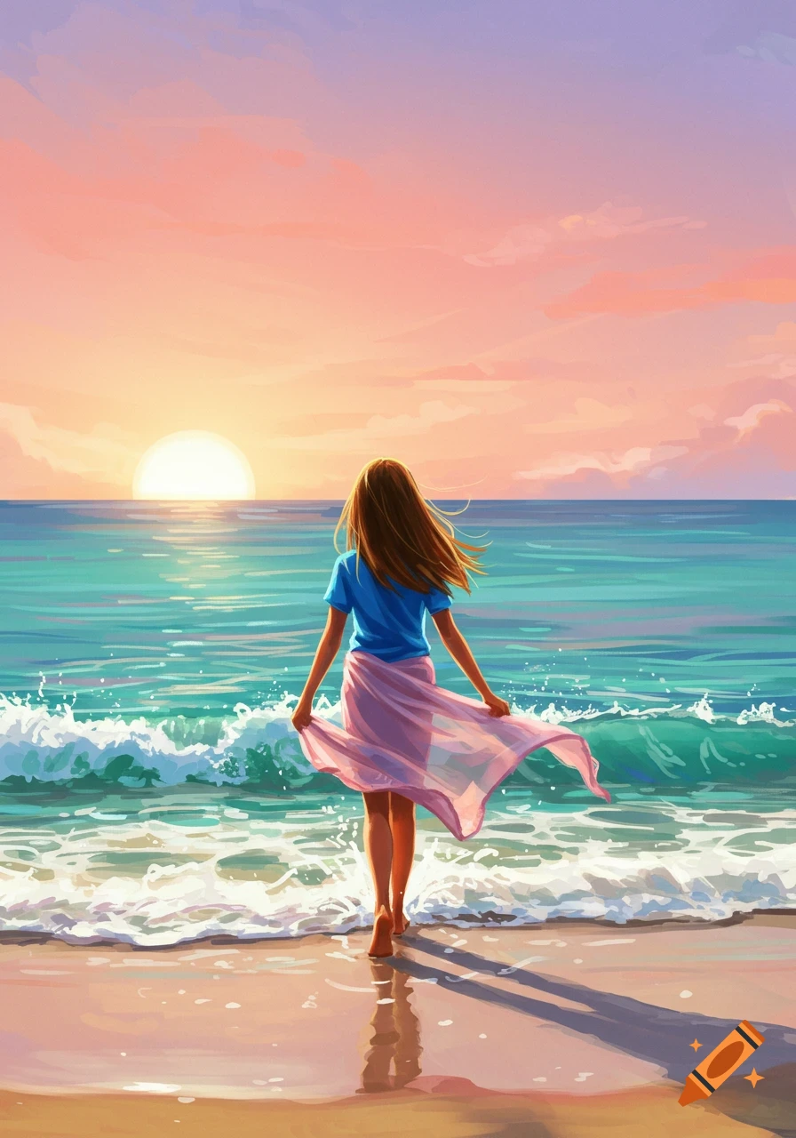 A girl with long hair stands on a beach, facing away, looking at the sunset over the ocean. She wears a blue shirt and a pink sarong. Stylized illustration.